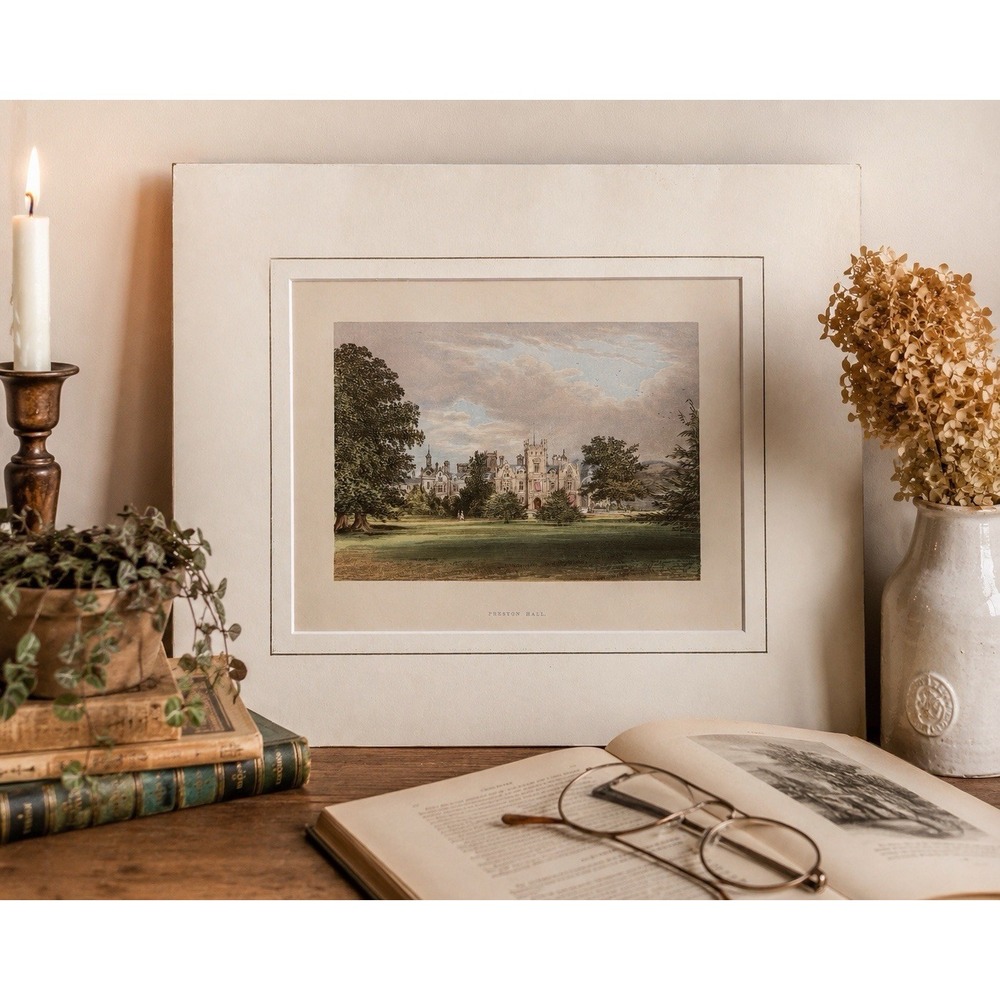 Antique 1880 Preston Hall Architectural Estate Print Hand Colored Matted 14x12"